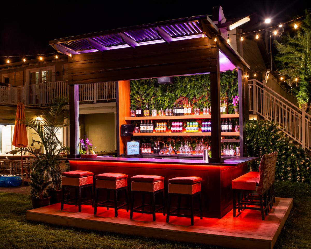 Custom outdoor bar with long counter and overhead structure